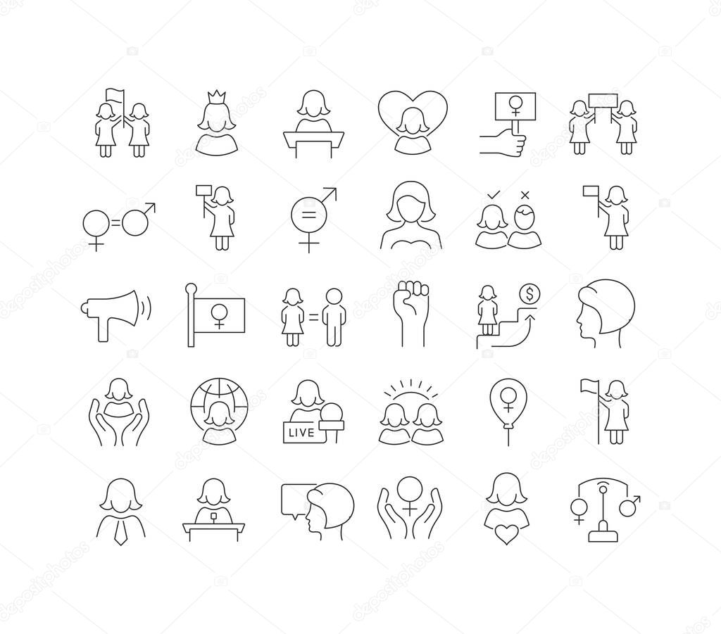 Set vector line thin icons of women equality day in linear design for mobile concepts and web apps. Collection modern infographic pictogram and signs.