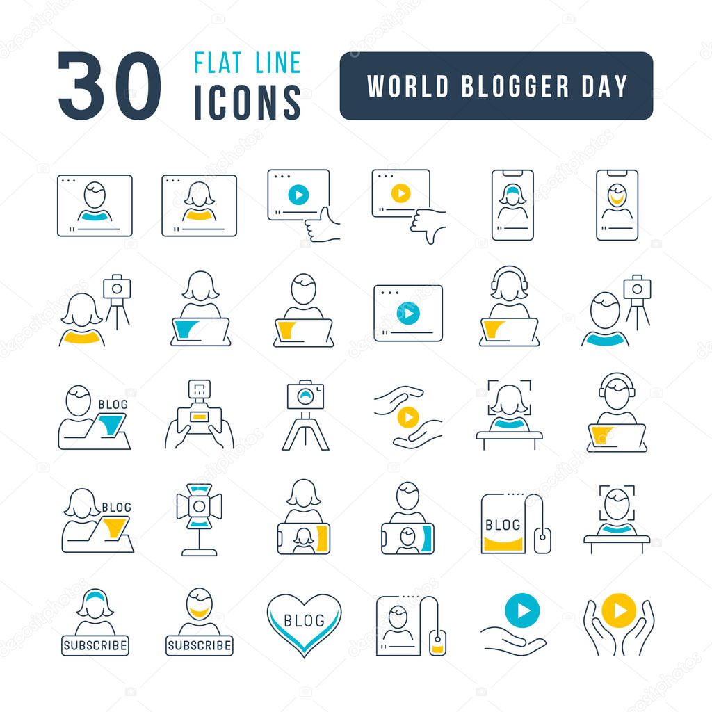 Set vector line thin icons of world blogger day in linear design for mobile concepts and web apps. Collection modern infographic pictogram and signs.