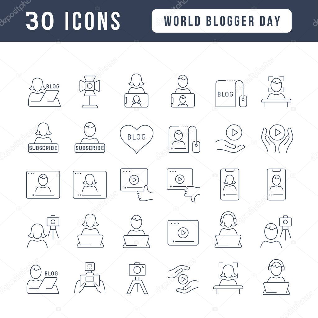 Set vector line thin icons of world blogger day in linear design for mobile concepts and web apps. Collection modern infographic pictogram and signs.