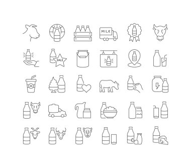 Gezici kavramlar ve web uygulamaları için doğrusal tasarım için dünya süt gününün vektör çizgisi ikonlarını ayarlayın. Koleksiyon modern infografik resim ve işaretler.