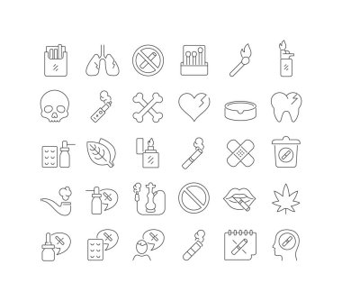 Seyyar konseptler ve web uygulamaları için doğrusal tasarımda tütün günü olmayan dünyanın vektör çizgisi ince simgelerini ayarla. Koleksiyon modern infografik resim ve işaretler.