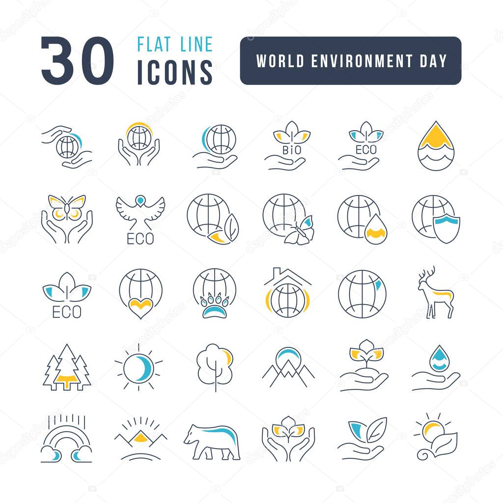 Collection of vector black and white icons of world environment day in simple design for mobile concepts, web and applications. Set modern logos and pictograms.