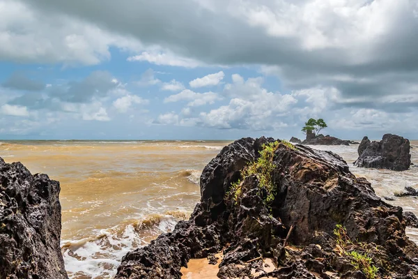 黒い崖と黄色の海と木が成長する島を持つアフリカの金の海岸 サイトはアクシムガーナ西アフリカに位置しています — ストック写真