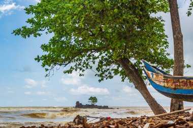 Önünde balıkçı teknesi olan bir sahil ve Gana 'da büyüyen bir ağacı olan küçük bir ada.