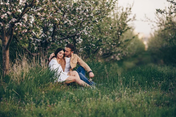 Young Man Girl Walking Park Sunset Couple Love Happy Nature Stock Picture