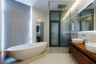 Güzel tasarlanmış şık bir banyoda spot ışıkları serbest ve şık bir küvet sergiliyor.