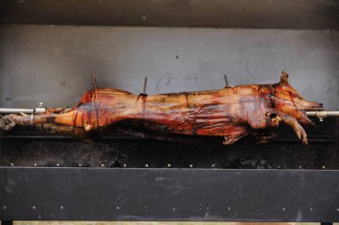 Tükürükte kızartılmış bir domuz, mükemmel pişmiş ve lezzetli bir lezzet sunuyor.