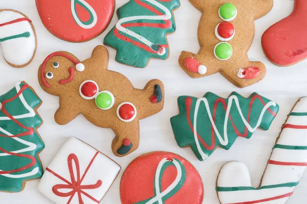 Close Assortment Christmas Gingerbread Cookies White Wooden Background – stockfoto