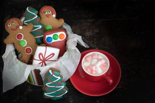 Tin För Jul Pepparkakor Med Varm Choklad Och Marshmallows Från — Stockfoto