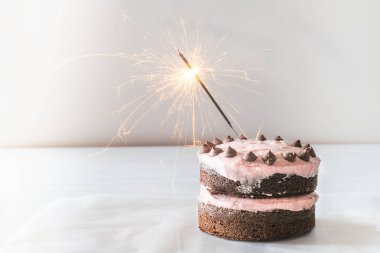 Hafif Arka Plan Üzerinde Sparkler ile Ahududu Frosting ile Çikolatalı Doğum Günü Pastası