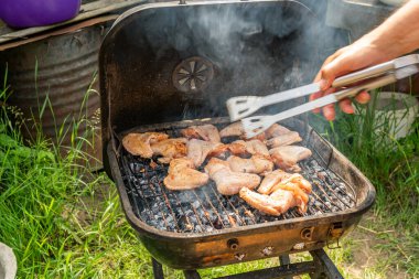 Bir sürü lezzetli, lezzetli, lezzetli tavuk kanatları ile (tavuk kanatları) köydeki ızgarada hoş bir koku ve et sisi ile