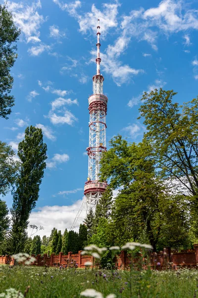 Kyiv (Kiev), Ukraine - July 31, 2020: A big and high metal tower, pipe for radio and television broadcasting