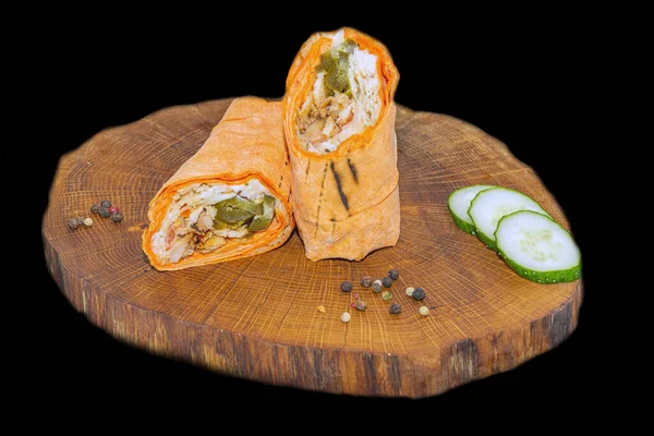 Shawarma Doormidden Gesneden Houten Ondergrond — Stockfoto