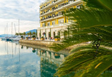 Regent Hotel Tivat, Karadağ. Palmiye dalı ve lüks otel ve marina manzarası..