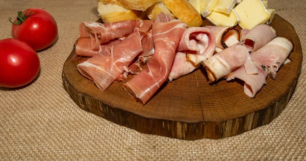 Wine Appetizer Ham Parma Ham Baguette Cheese Wooden Stand — Stock Photo, Image