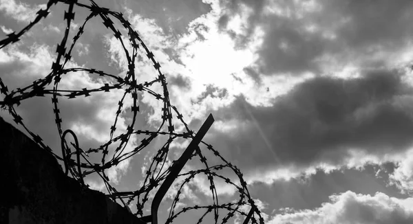 Barbed Wire Concrete Fence Sky Protected Area Monochrome Photo — Stock Photo, Image