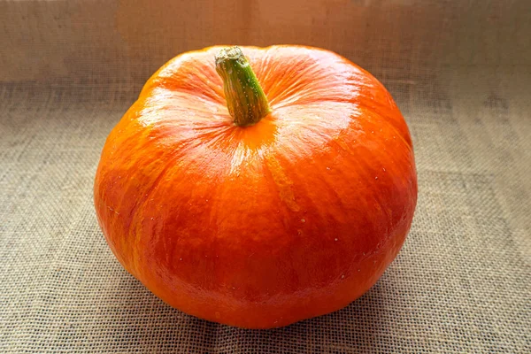 Calabaza Acostada Sobre Fondo Arpillera Cerca Bodegón Una Calabaza Naranja — Foto de Stock