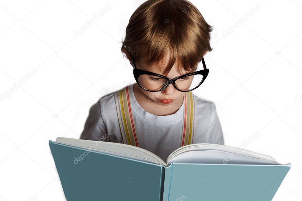 Little cute child baby girl reading the Book. Children kid Education.