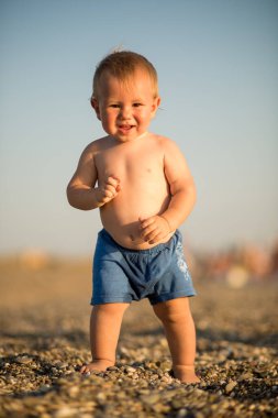 Mavili küçük şirin oğlan gün batımında kumsalda yürüyor, taşlarla oynuyor..