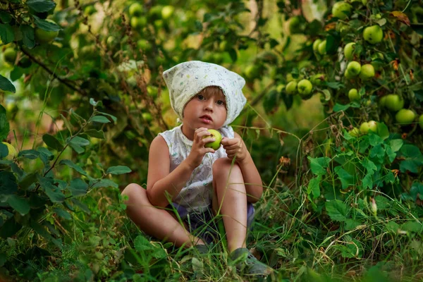 Retrato menina comendo maçã no jardim . — Fotografia de Stock