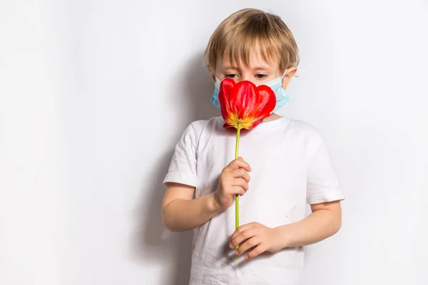 Retrato de niña linda en máscaras médicas olfatear un tulipán en blanco . —  Fotos de Stock