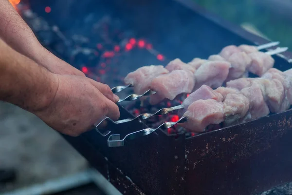 Appetizing carne crua shish kebab prepare-se em um cacau de madeira de grelha — Fotografia de Stock