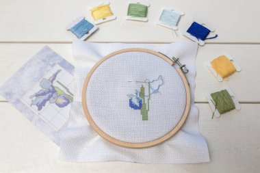 Masanın üzerine işlemeli koloful iplikleri.