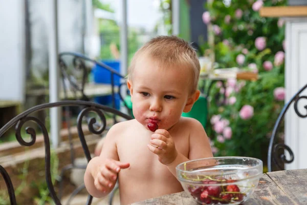 Carino felice ragazzo mangiare dolce ciliegia all'aperto in giardino — Foto Stock