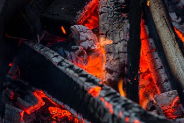 Barbekü için ateşte yanan kömür.