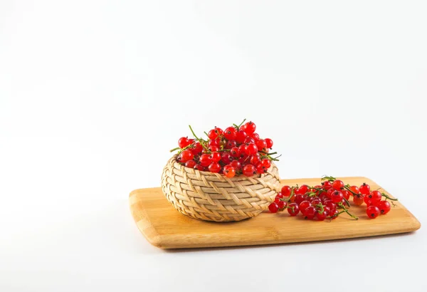 Ripe Tasty Bright Red Currants Wicker Basket Cutting Board White — Stock Photo, Image