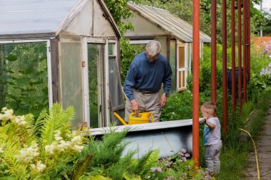 Aktif yaşlı adam bahçedeki bitkileri suluyor.