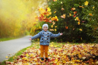 Küçük neşeli kız, sonbahar parkında kafasına sonbahar yeşilliği döker. Altın sonbahar, Hint yazı..