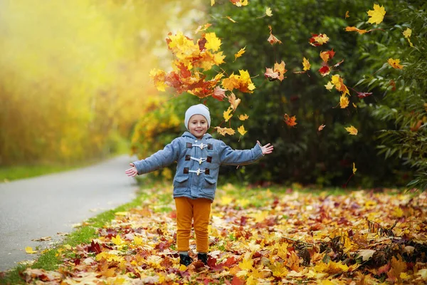 Küçük neşeli kız, sonbahar parkında kafasına sonbahar yeşilliği döker. Altın sonbahar, Hint yazı..