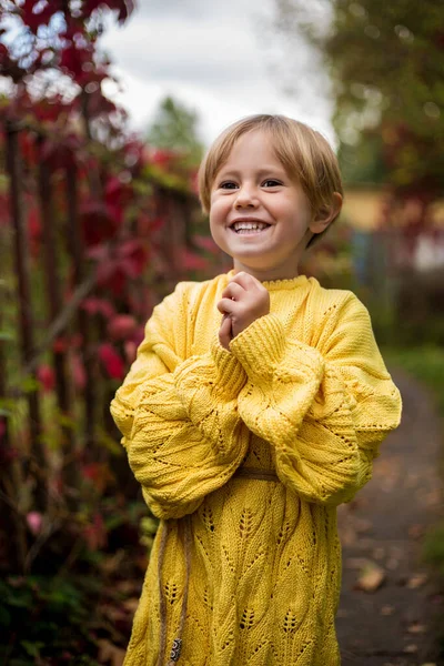 Schöne Glückliche Mädchen Mit Einem Kurzhaarschnitt Einem Gelben Strickpullover Die — Stockfoto