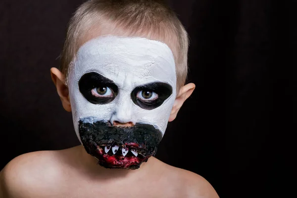 Close Portrait Small Child Scary Makeup Halloween Black Background Small — Stock Photo, Image