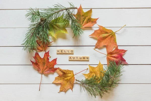 Herfst Lay Out Met Veelkleurige Gevallen Bladeren Hallo Herfst Belettering — Stockfoto