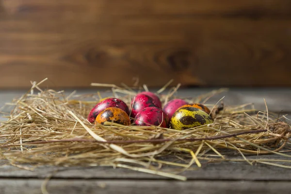 Huevos Pascua Pintados Nido Paja Improvisado Sobre Fondo Madera Fondo — Foto de Stock