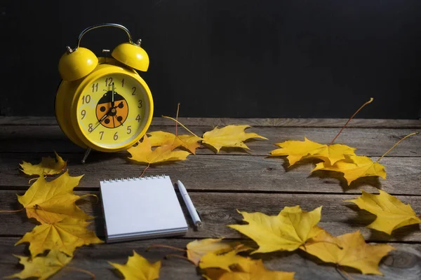 Stillleben Von Herbstlichem Laub Und Büromaterial Auf Hölzernem Hintergrund — Stockfoto