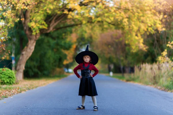 Niña Con Disfraz Bruja Para Carretera Una Fiesta Halloween Pueblo — Foto de Stock