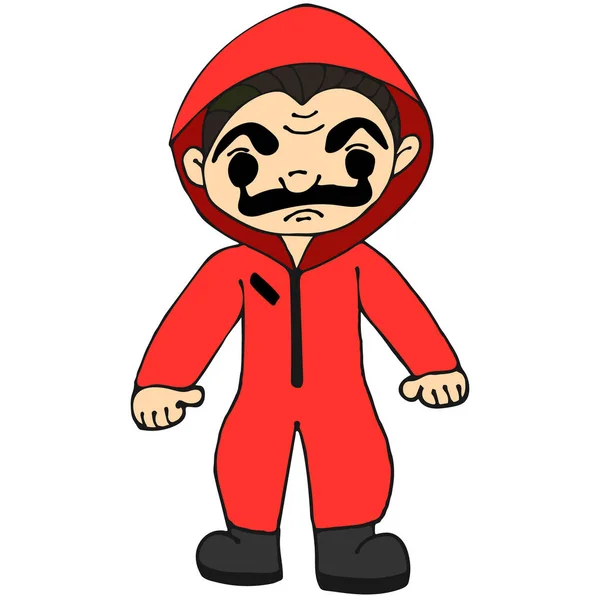 Personaggio Dei Cartoni Animati Disegnati Mano Maschera Dalì Tuta Rossa — Vettoriale Stock