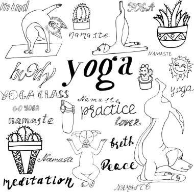 El çizimi sevimli köpekler ve yoga harfleri. Stok vektör illüstrasyonu.