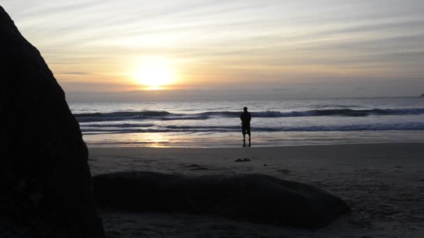 渔夫在岸上拿着渔网 盼望着鱼的倒影 日出时的海滩景色 背景上的太阳 巴西的混血鱼捕捞期 — 图库视频影像