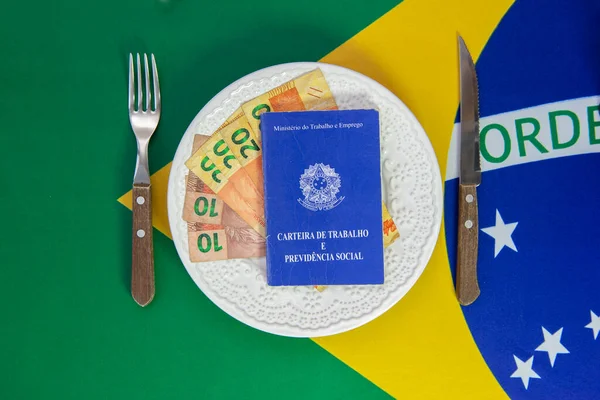 Vista Superior Cartão Trabalho Brasileiro Prato Alimentos Com Talheres Lado — Fotografia de Stock