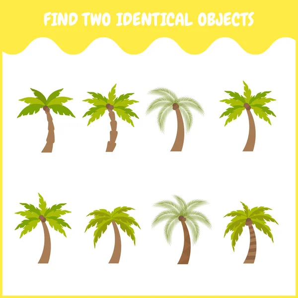 Resimde aynı palmiye ağacından iki tane bul. Hindistan cevizli tropik palmiye ağaçları. Çocuklar için eğitici eşleştirme oyunu. Çizgi film düz vektör çizimi.