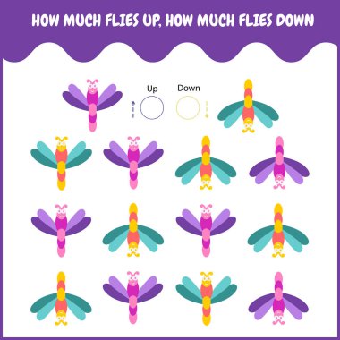 Anaokulu çocukları için oryantasyon oyunu. Ne kadar yusufçuk sineği uçtuğunu. Vektör düz çizgi film illüstrasyonu.