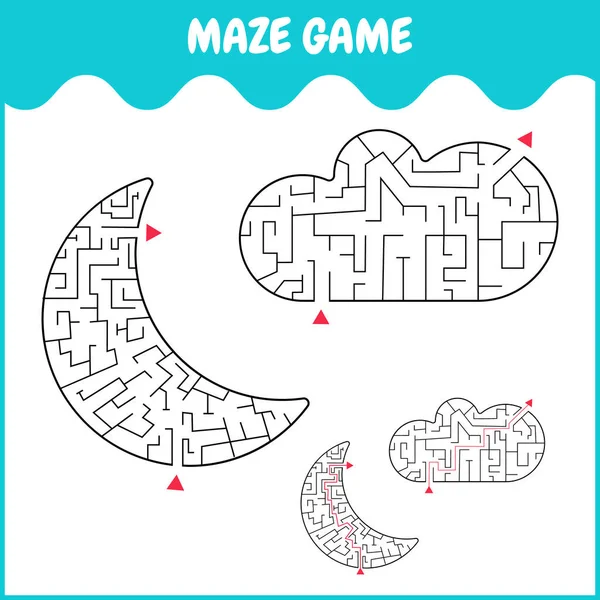 Çocuklar için ay ve bulut ile eğitici labirent oyunu. Mülkten yol tarifi al ve cevapla karşılaştır. Vektör düz resimleme.