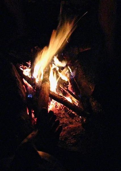 Llama Fogata Con Troncos Ardiendo Noche Oscuridad Absoluta — Foto de Stock