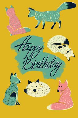 Tilki ve kurtların doğum günü kartı.