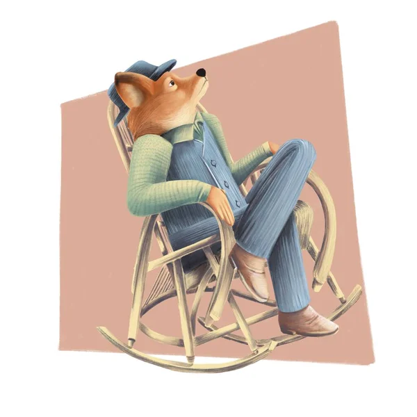 Uma Raposa Terno Sentado Uma Cadeira Balanço — Fotografia de Stock