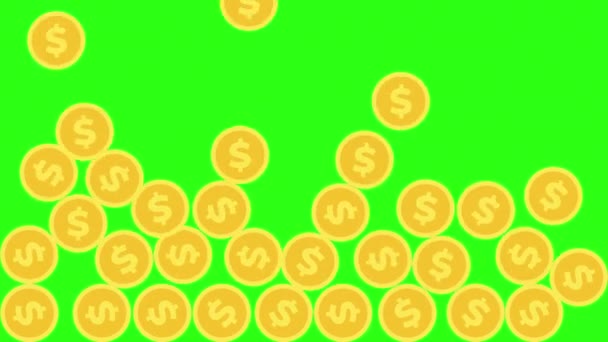 Желтые Монеты Падают Сверху Заполняют Экран Зеленый Экран Можно Удалить — стоковое видео